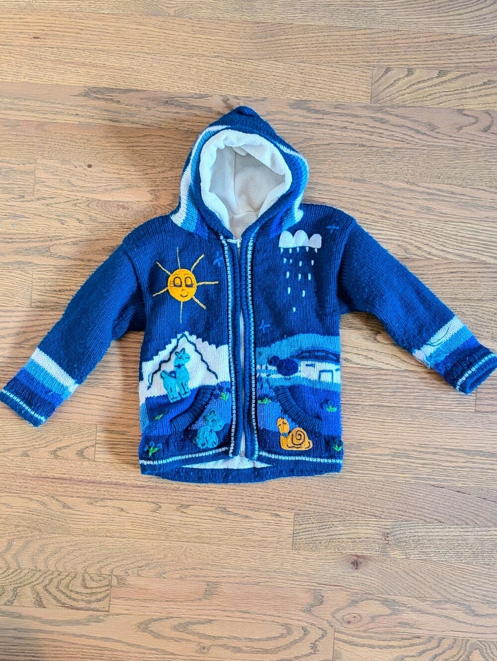 Kids Fleece Blue Hooded Zip-Up Sweater Jacket with Animal & Nature Motif